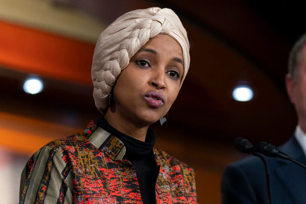 AP/Manuel Balce Ceneta Representative Ilhan Omar during a news conference on Capitol Hill.