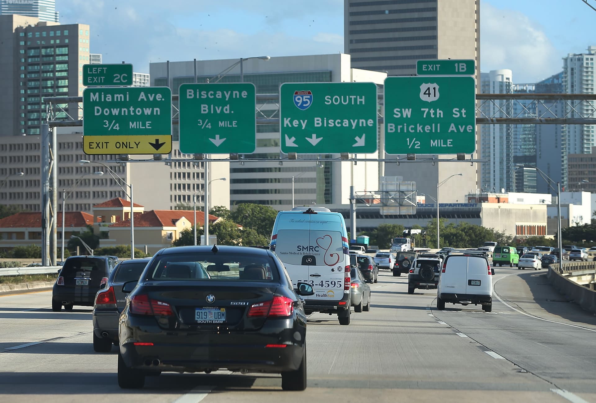 Joe Raedle/Getty Images Vehicles travel on I-95 at Miami, Florida, where a new state regulation will require that drivers’ license tests be conducted only in English.