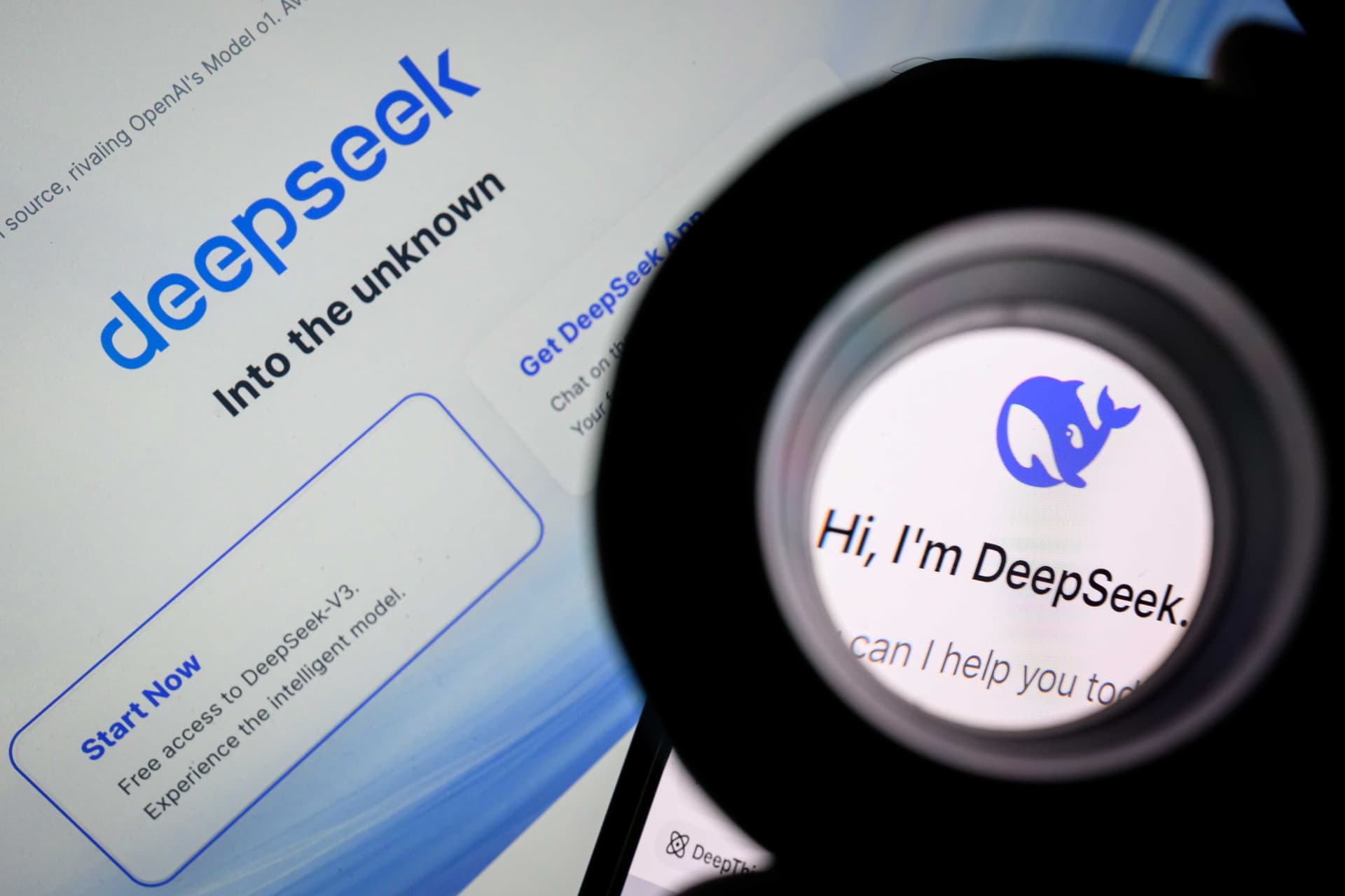 Leon Neal/Getty Images In this photo illustration, the Deepseek logo is seen through a magnifying loupe while displayed on a mobile phone screen at London, England, on January 29, 2025.