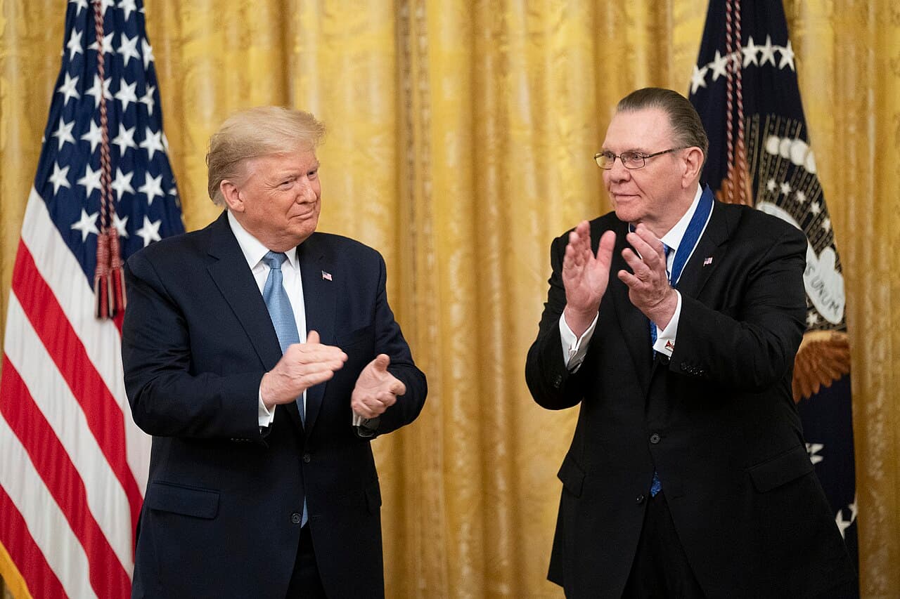 Via Wikimedia Commons President Trump presents the Medal of Freedom to General Jack Keane on March 10, 2020.