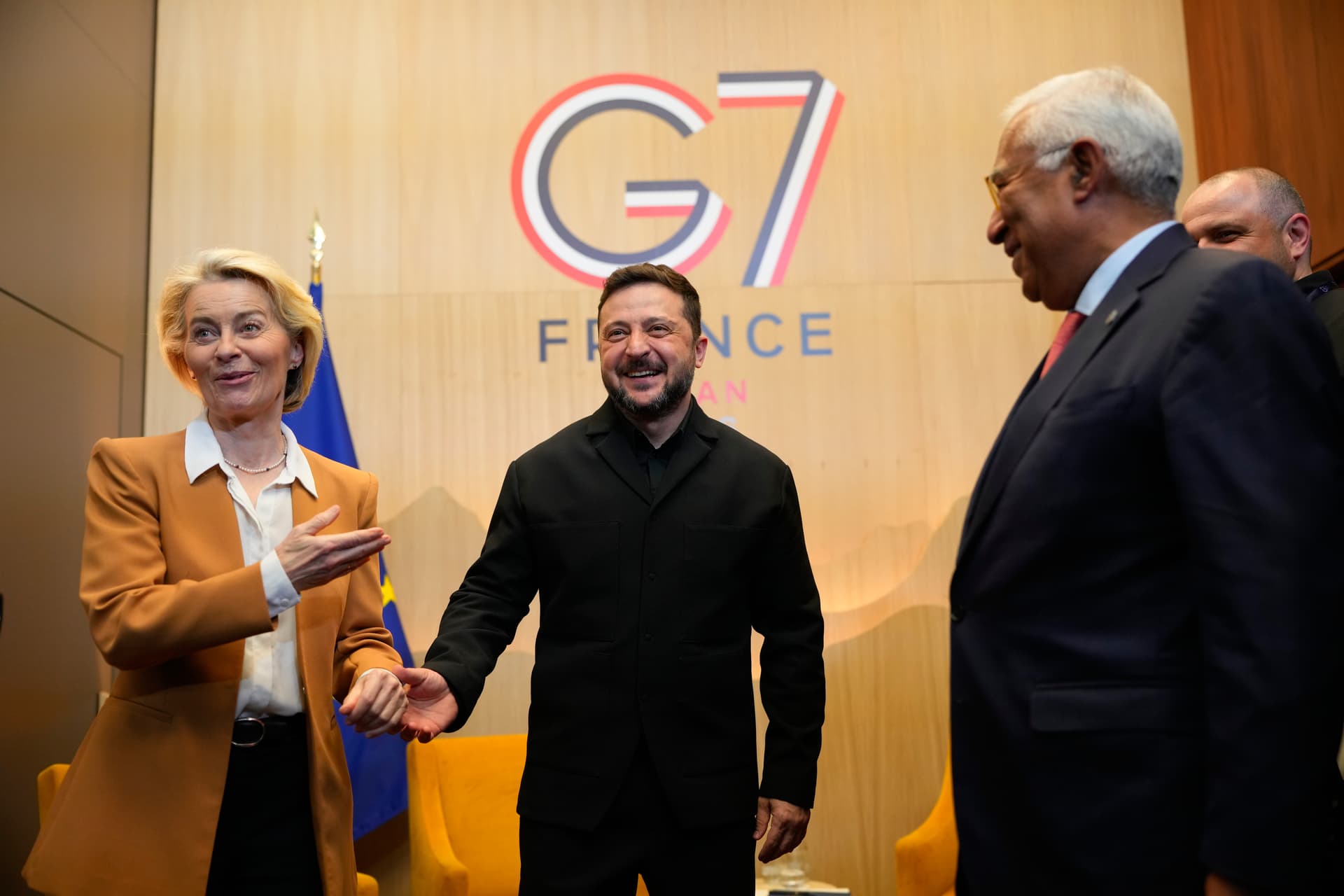 AP/Vadim Ghirda Ukrainian President Volodymyr Zelenskyy, center, meets with European Commission President Ursula von der Leyen, left, and European Council President Antonio Costa, right, at the G7 summit in Evian-les-Bains, France, Tuesday, June 16, 2026.