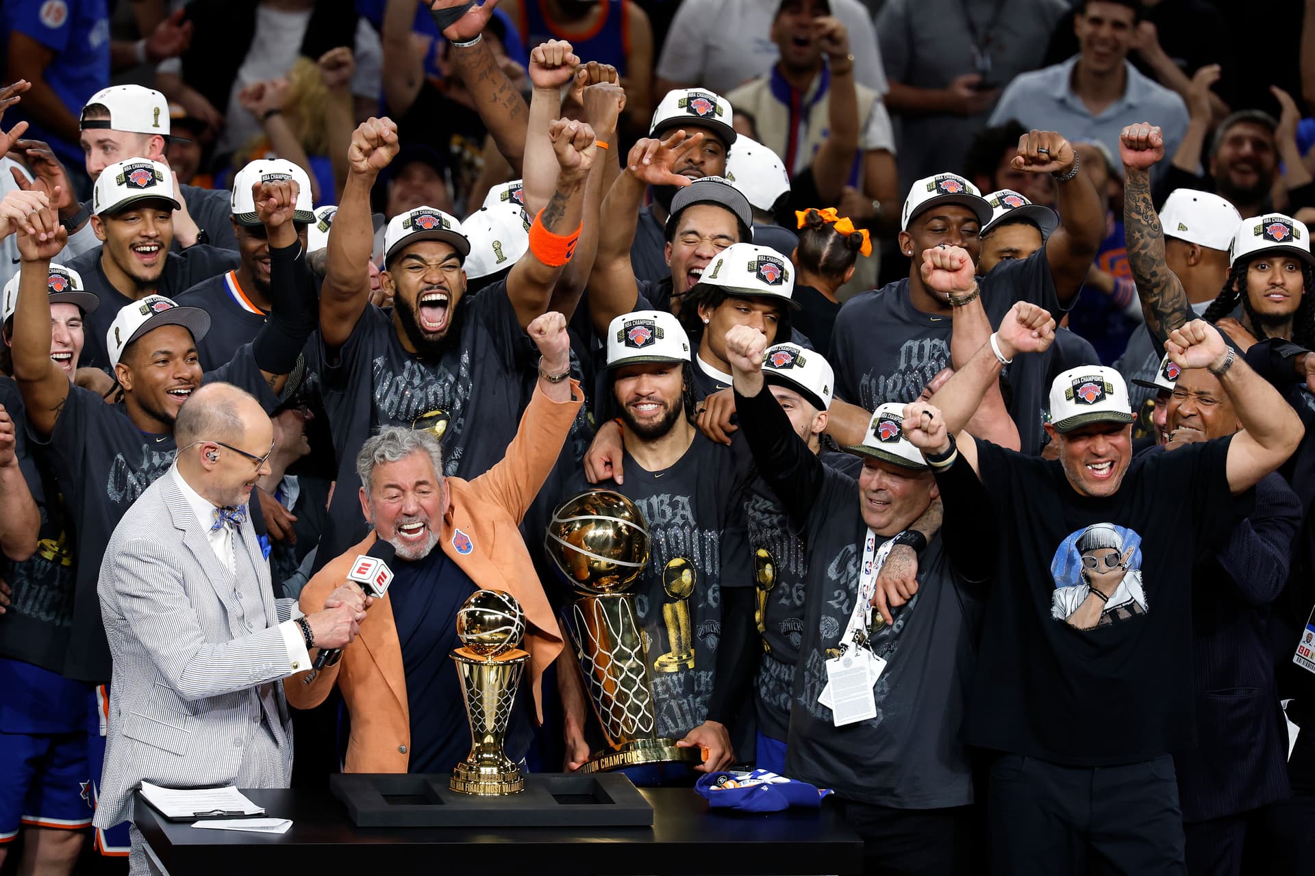 Ronald Cortes/Getty Images. New York Knicks owner James Dolan after his team's victory against the San Antonio Spurs in Game Five of the 2026 NBA Finals.