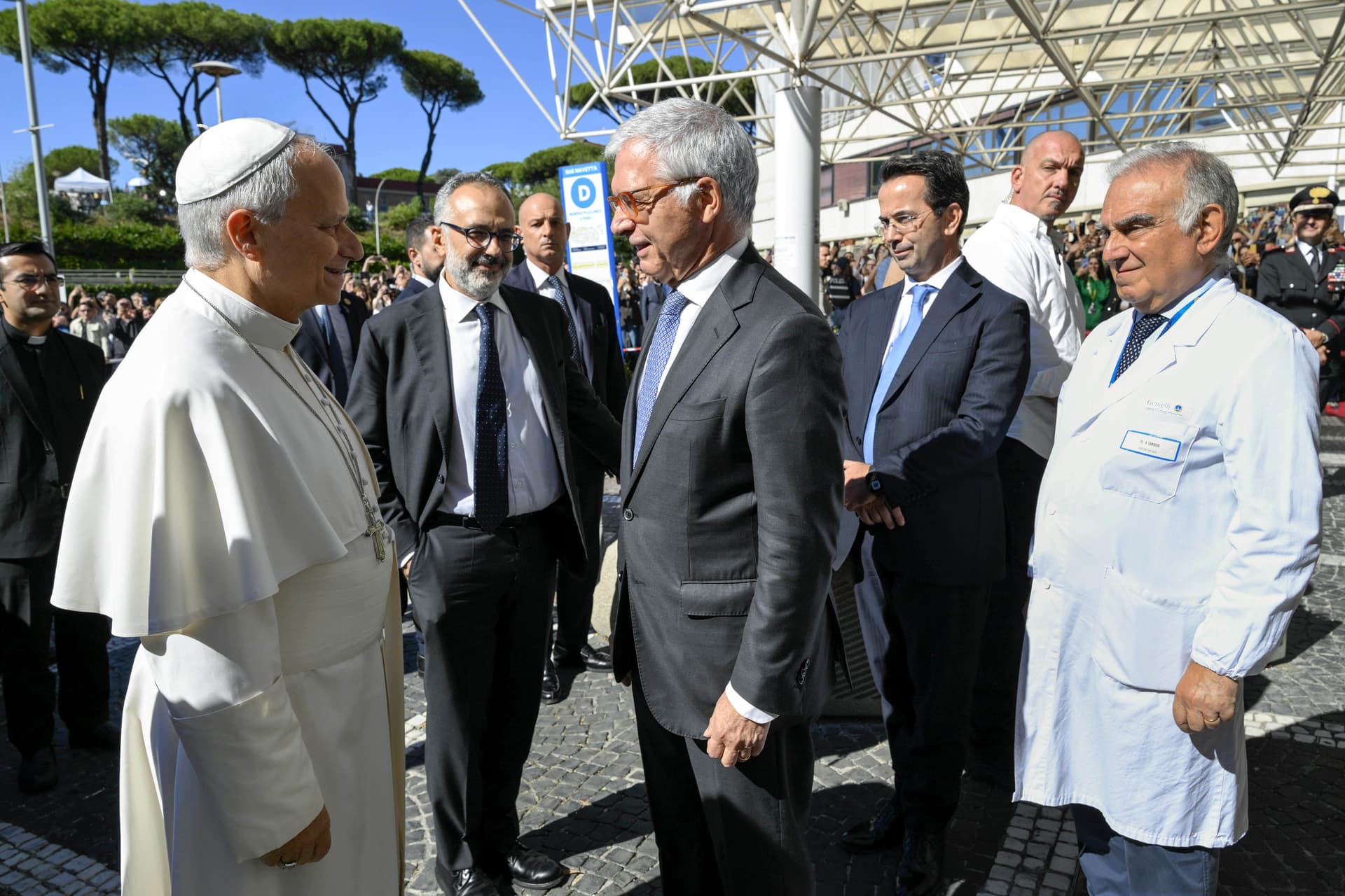 Simone Risoluti/Vatican Media Pope Leo XIV greets the Director of Policlinico Gemelli hospital Daniele Piacentini, as he arrives at Gemelli Hospital on October 13, 2026 at Rome.