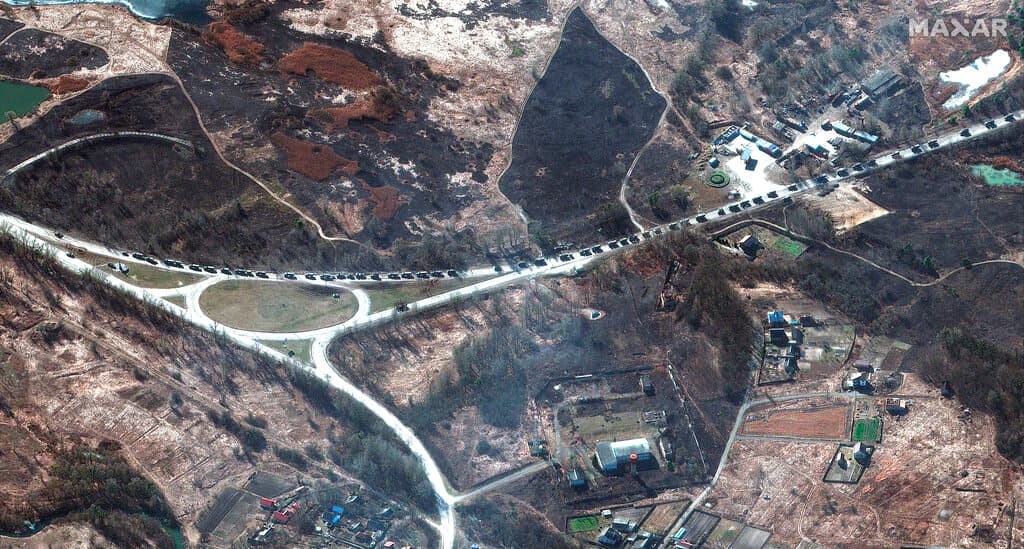 A Russian military convoy near Invankiv, Ukraine, February 28, 2022. The convoy remains stalled. Satellite image ©2022 Maxar Technologies via AP