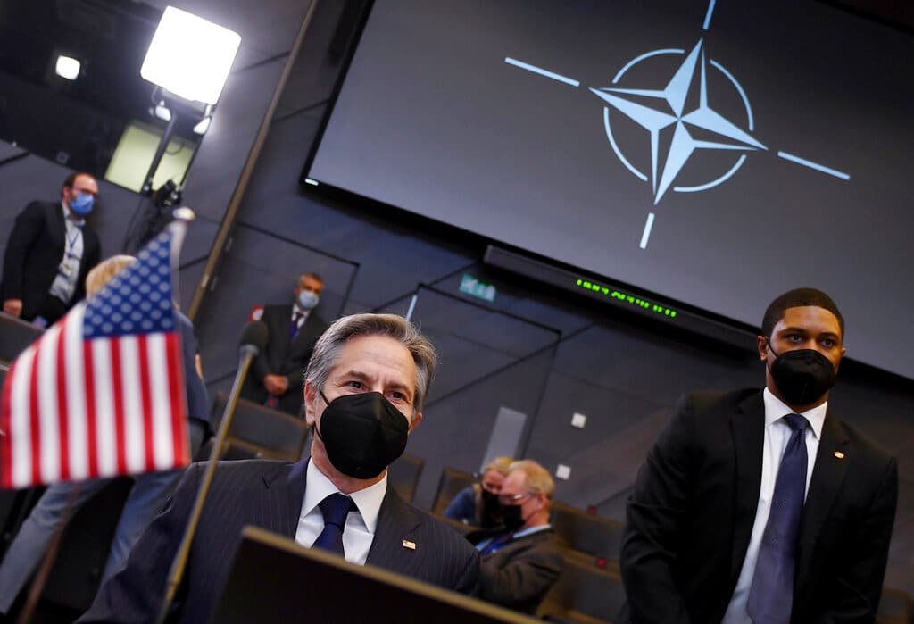 Secretary of State Blinken at NATO headquarters at Brussels, on March 4, 2022. AP/Olivier Douliery, Pool Photo