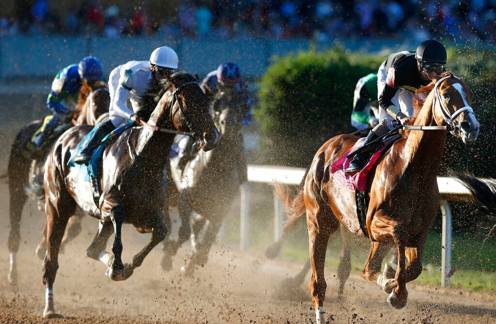 Cyberknife, one of the interesting Kentucky Derby long shots, on the way to winning the Arkansas Derby April 2, 2022. Tommy Metthe/the Arkansas Democrat-Gazette via AP