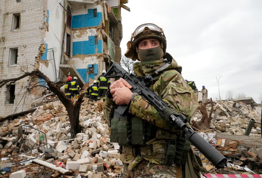 A Ukrainian soldier at Borodyanka, Ukraine, on Wednesday April 6. AP Photo/Efrem Lukatsky