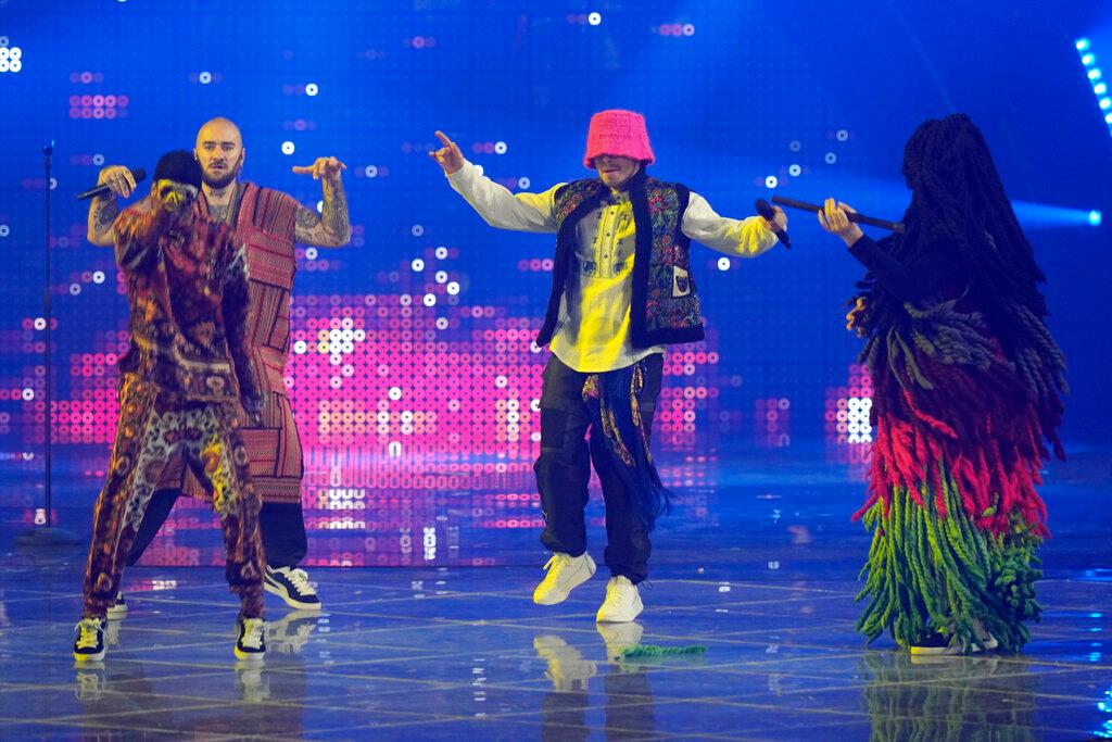 Ukraine's Kalush Orchestra during the final dress rehearsal at the Eurovision Song Contest on Friday. AP Photo/Luca Bruno