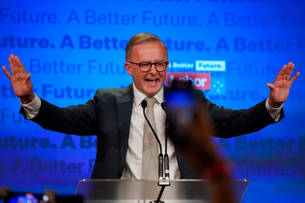 The Labor Party leader, Anthony Albanese, speaks to supporters in Sydney, after winning Saturday's election. AP/Rick Rycroft