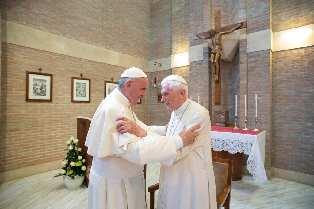 FILE - Pope Francis, left, embraces Emeritus Pope Benedict XVI, at the Vatican, June 28, 2017. Pope Francis on Wednesday, Dec. 28, 2022, said his predecessor, Pope Emeritus Benedict XVI, is “very sick," and he asked the faithful to pray for the retired pontiff so God will comfort him “to the very end.” (L'Osservatore Romano/Pool Photo via AP, File)