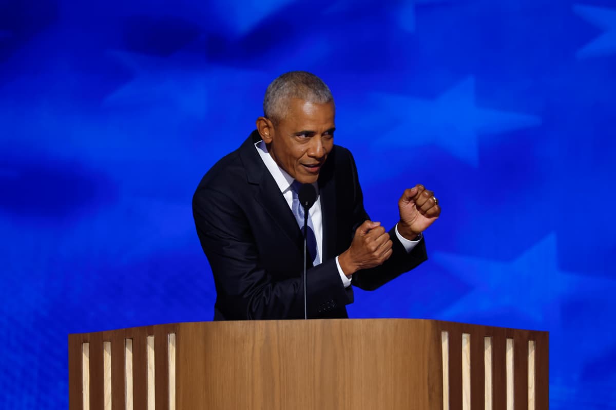 CHICAGO, ILLINOIS - AUGUST 20: Former U.S. President Barack Obama gestures as he speaks on stage during the second day of the Democratic National Convention at the United Center on August 20, 2024 in Chicago, Illinois. Delegates, politicians, and Democratic Party supporters are gathering in Chicago, as current Vice President Kamala Harris is named her party's presidential nominee. The DNC takes place from August 19-22. (Photo by Chip Somodevilla/Getty Images)