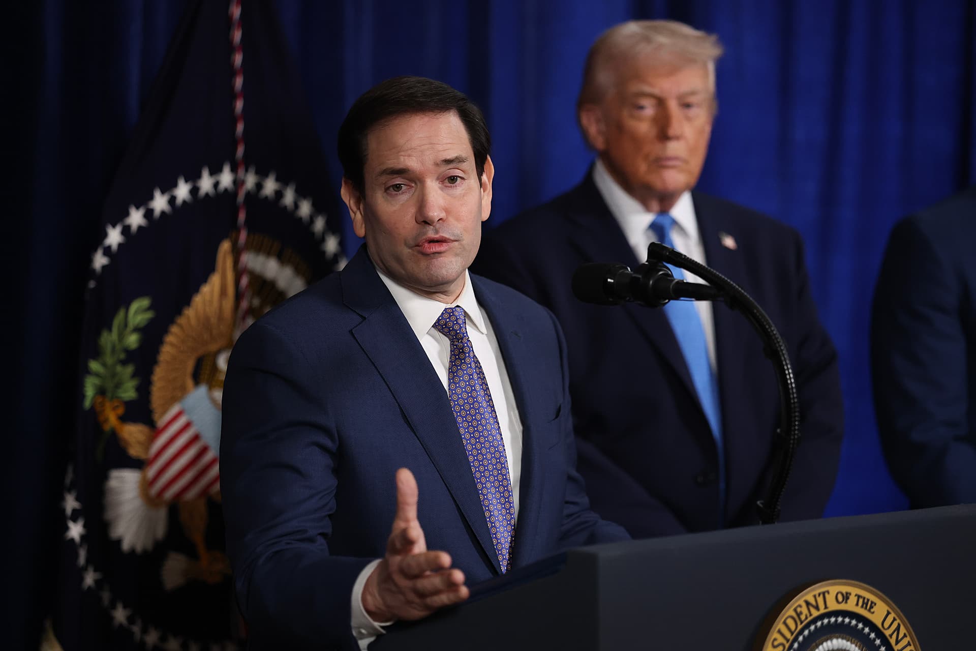 Joe Raedle/Getty Images Secretary of State Marco Rubio at a press conference at Mar-a-Lago on January 3, 2026.