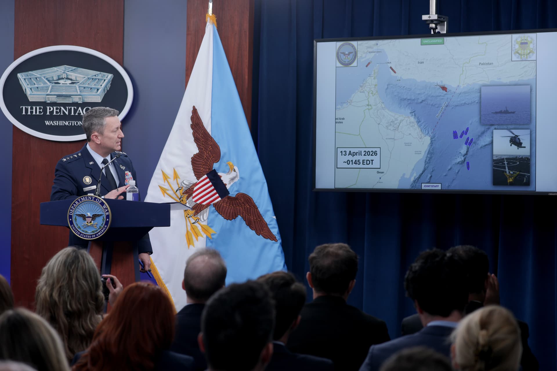 Alex Wong/Getty Images The chairman of the Joint Chiefs of Staff, General Dan Caine, displays a map showing the Navy's blockade of the Strait of Hormuz during a press briefing at the Pentagon on April 16, 2026.