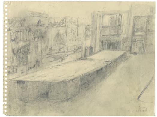 Rackstraw Downes, 'In the Artist’s Studio XVII,' 2020, graphite on cream paper. Via Betty Cuningham Gallery