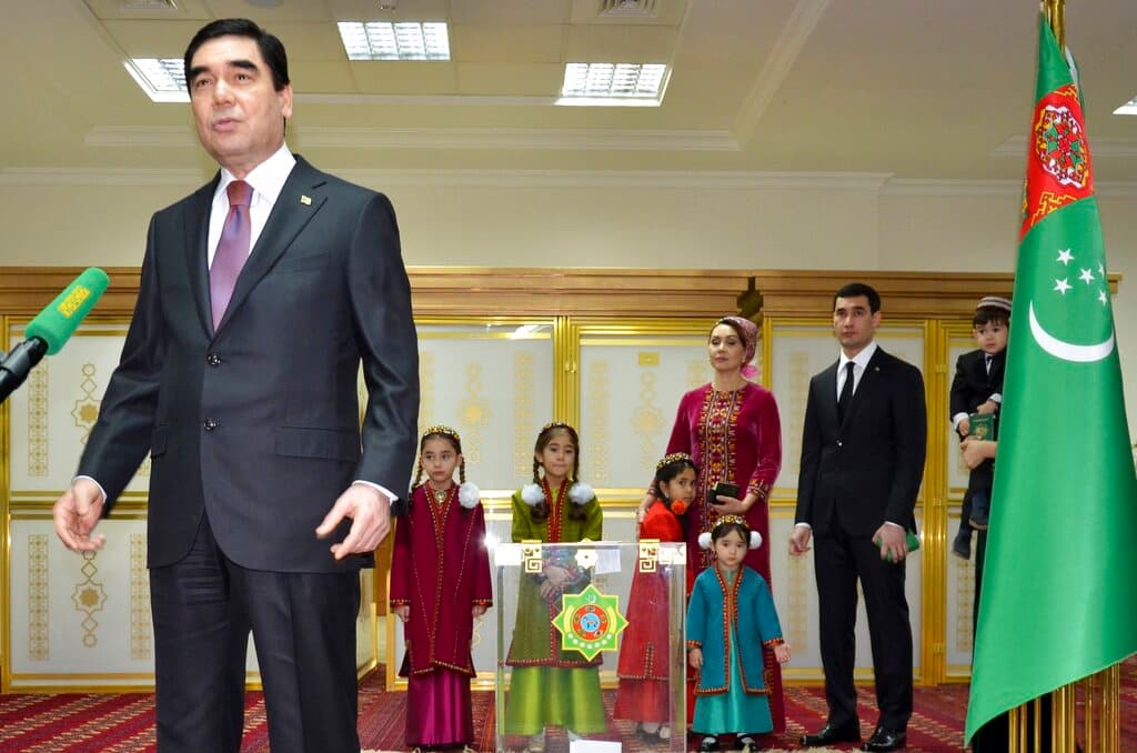 Turkmenistan's president Gurbanguly Berdimuhamedov, left, and his son Serdar Berdymukhamedov, second right, in 2017. AP Photo/Alexander Vershinin, file