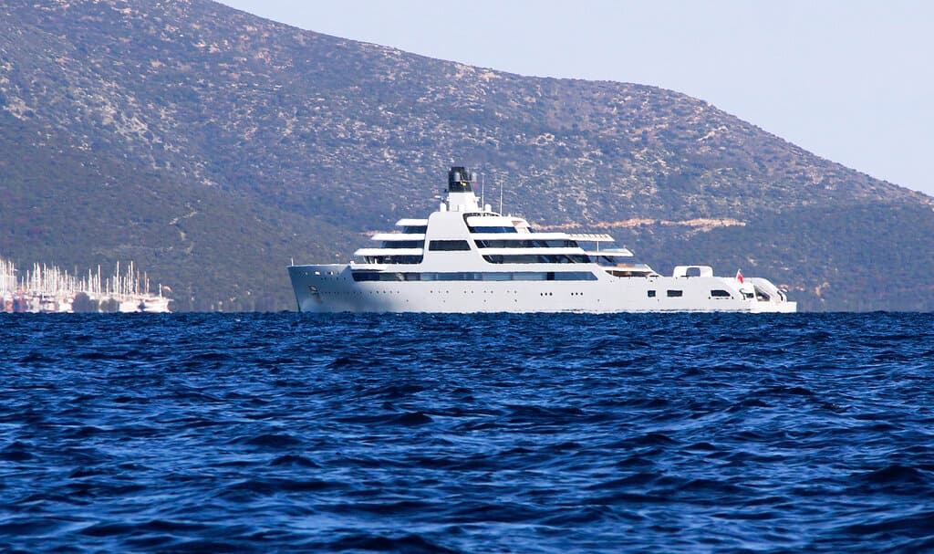 A yacht that belongs to Roman Abramovich sails near the Aegean coastal resort of Bodrum, Turkey, March 21, 2022. IHA via AP