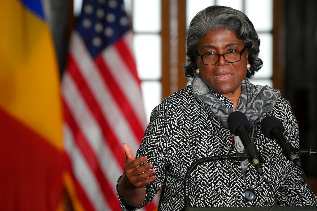 The American ambassador to the United Nations, Linda Thomas-Greenfield, at Bucharest, Romania, April 4, 2022. Alex Micsik/pool via AP