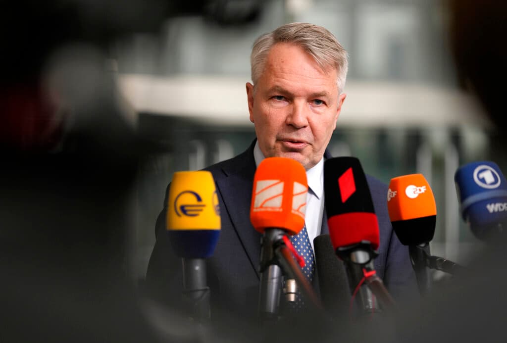 Finland's foreign minister, Pekka Haavisto, arrives for a meeting of NATO foreign ministers at Brussels April 6, 2022. AP/Virginia Mayo