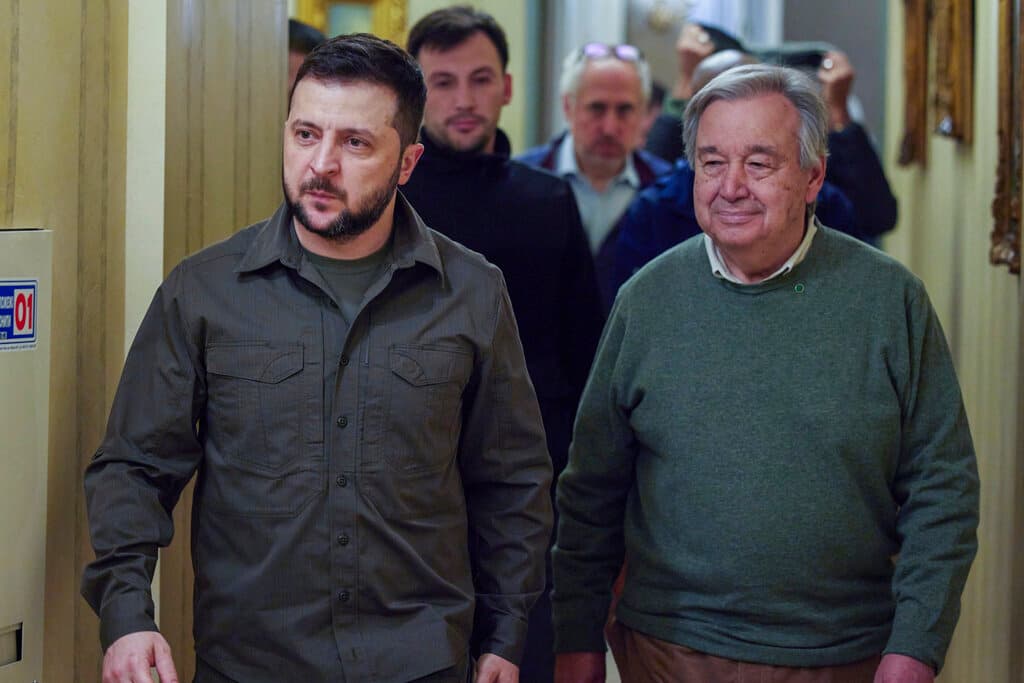 President Zelensky, left, and the U.N. secretary-general, Antonio Guterres, at Kyiv on Thursday. Ukrainian Presidential Press Office via AP