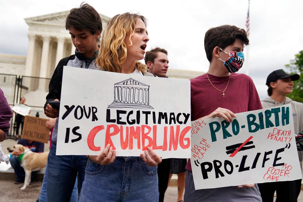 AP Mariam Zuhaib Demonstrators outside the Supreme Court on May 5, 2022.
