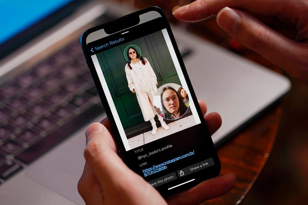 AP/Seth Wenig CEO of Clearview AI, Hoan Ton-That, demonstrates the company's facial recognition software using a photo of himself.