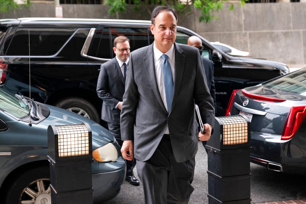 Michael Sussmann arrives at court, Monday, May 16, 2022, at Washington. AP Photo/Evan Vucci