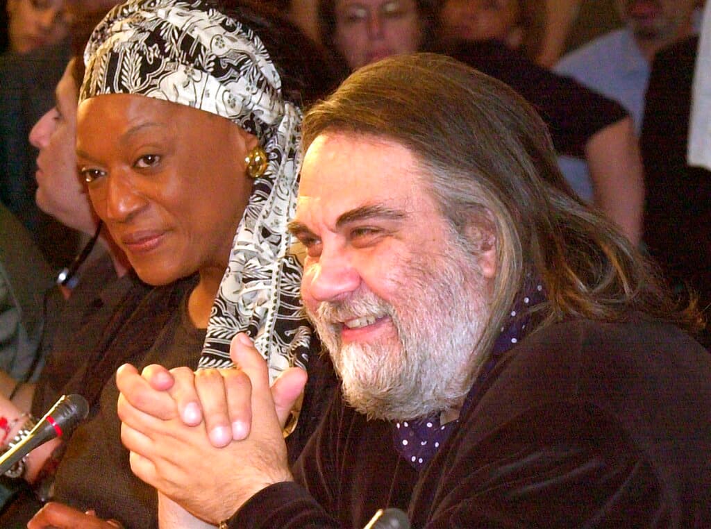 Composer Vangelis Papathanassiou, right, at Athens, June 27, 2001. AP/Aris Messinis, file