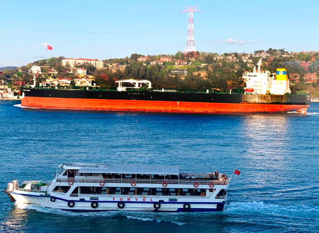 Dursun Çam via AP The Greek-flagged oil tanker Prudent Warrior, background, sails past Istanbul April 19, 2019.