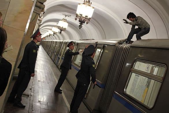 Gglol12 via Wikimedia Commons Subway surfing is a longstanding problem that extends well beyond New York City. Here, a surfer at Moscow in 2012.
