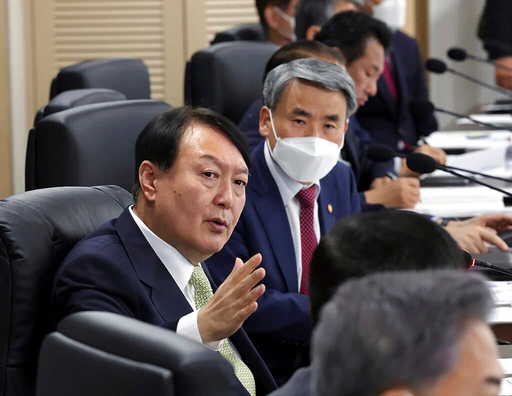 South Korea Presidential Office /Yonhap via AP The South Korean president, Yoon Suk-yeol, at the presidential office, Seoul, May 25, 2022.