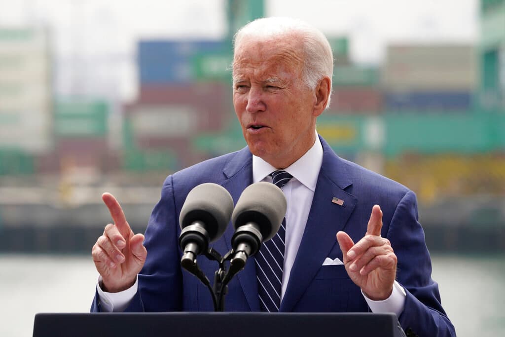 AP/Damian Dovarganes President Biden speaks about inflation and supply chain issues, at the Port of Los Angeles June 10, 2022.