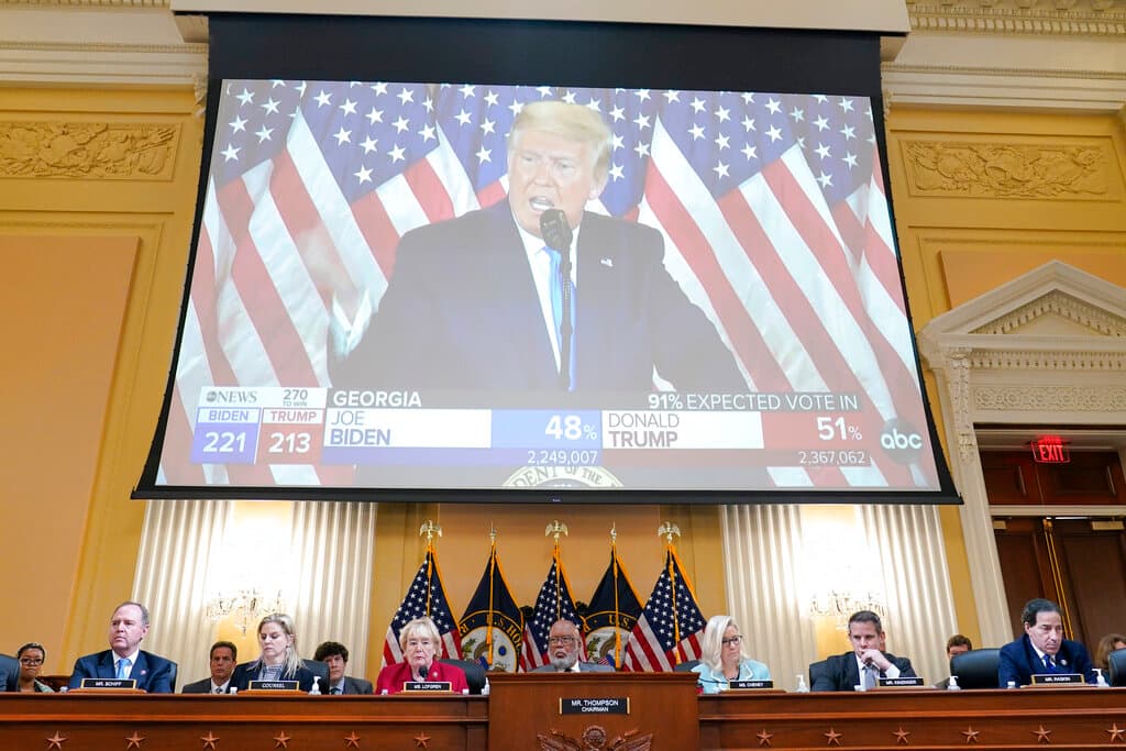 AP/Susan Walsh A video exhibit featuring President Trump plays during a hearing of the House select committee investigating the January 6 attack on the U.S. Capitol.