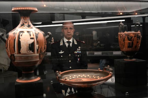 AP/Alessandra Tarantino General Roberto Riccardi, head of the Carabinieri unit for the protection of cultural heritage with archaeological artifacts displayed in the new Museum of Rescued Art at Rome, June 15, 2022.