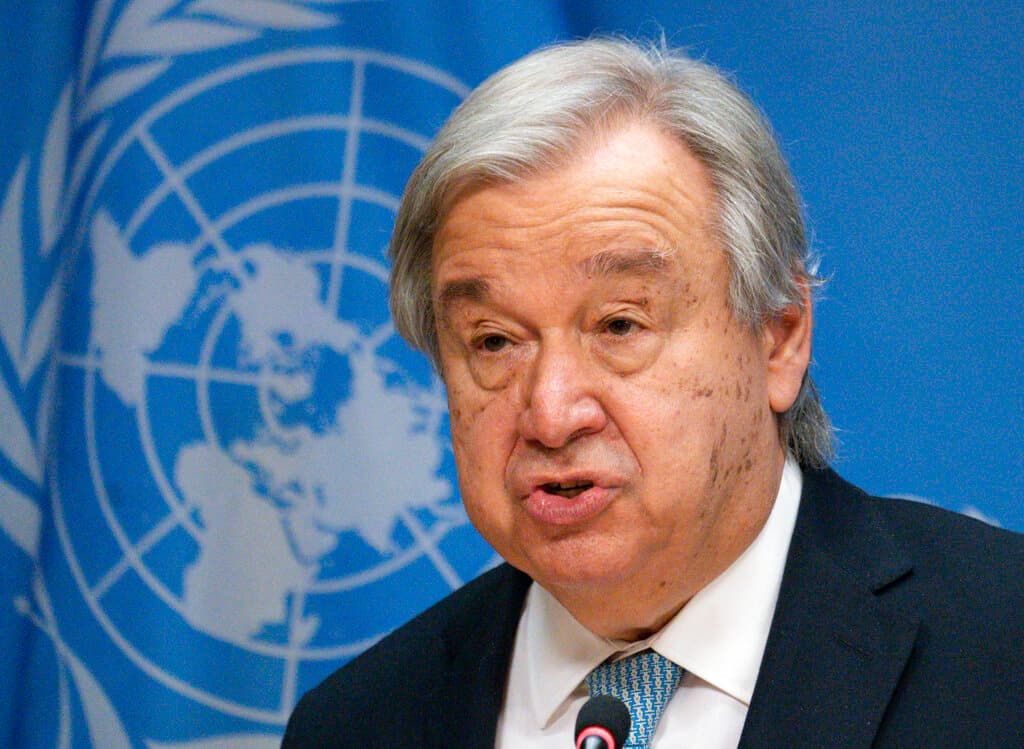 AP/Mary Altaffer, file The United Nations secretary-general, Antonio Guterres, is seen here in front of the U.N. logo on June 8, 2022.