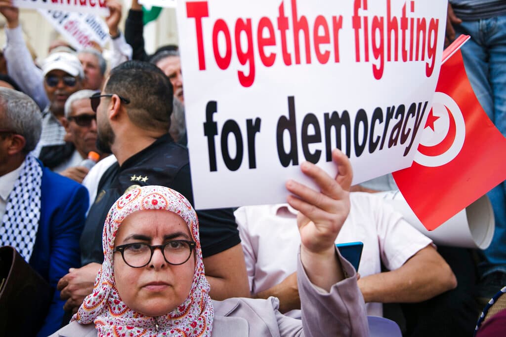 AP/Hassene Dridi, file A protester opposing the Tunisian president, Kais Saied, at Tunis May 15, 2022.