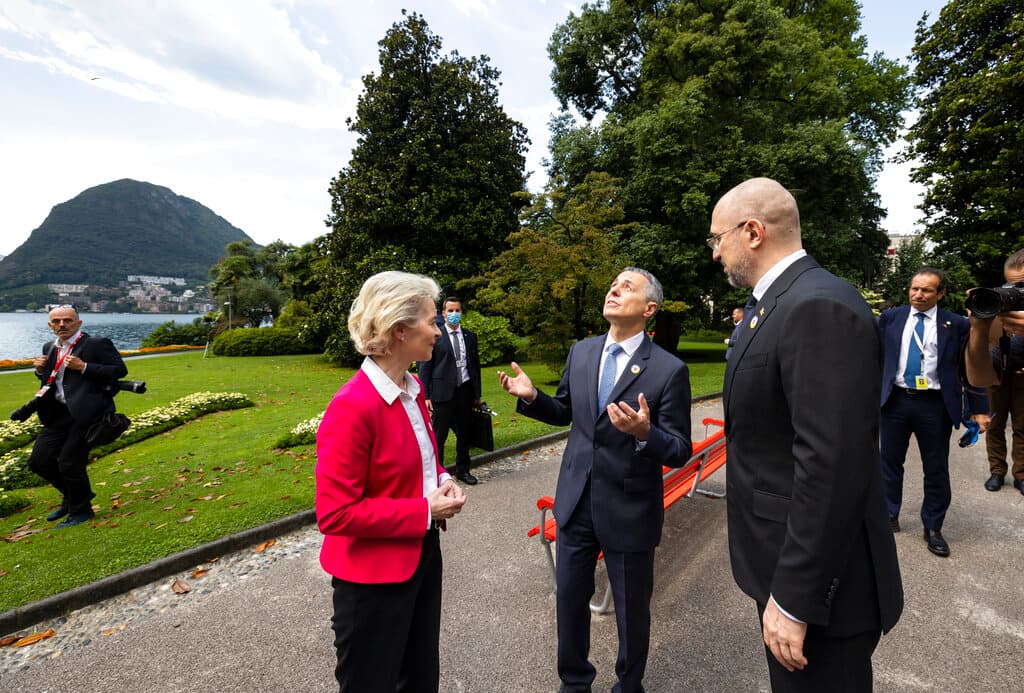 Michael Buholzer/Keystone via AP The Swiss president, Ignazio Cassis, center, with the president of the European Commission, Ursula Von der Leyen, and the Ukrainian prime minister, Denys Shmyhal, July 4, 2022, at Lugano.