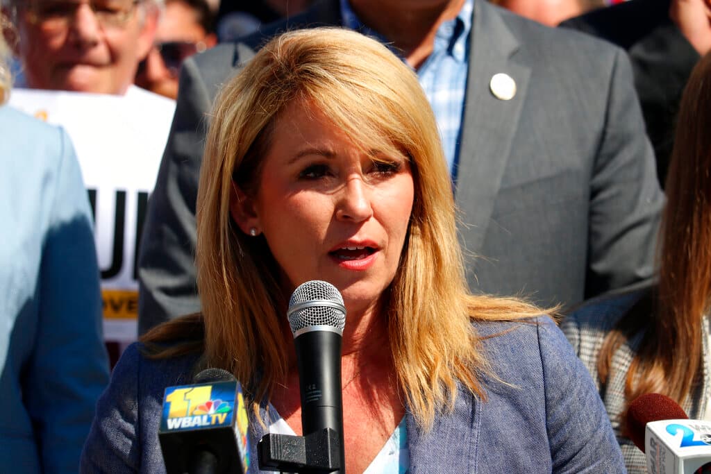 AP/Brian Witte Republican Kelly Schulz, who is seeking the GOP nomination for governor of Maryland, at Annapolis June 30, 2022.