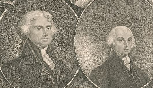 NYPL via Wikimedia Commons Detail of 'Presidents of the United States: Washington, Adams, Jefferson and Madison,' printed by Andrew Maverick, 1812.