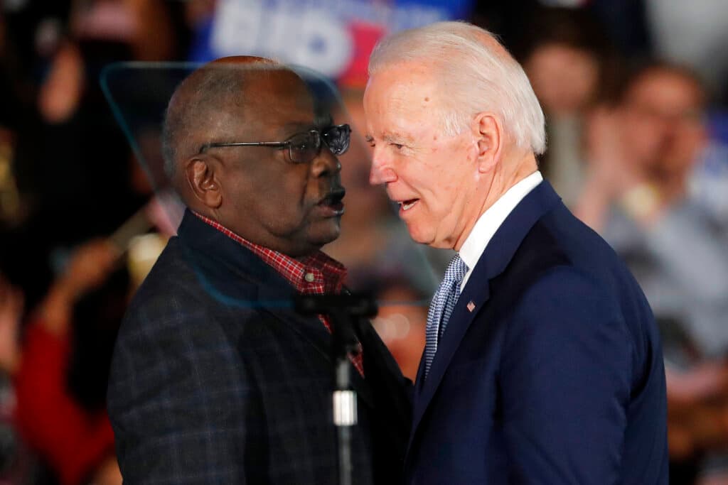 AP/Gerald Herbert President Biden talks to Representative James Clyburn on February 29, 2020 after winning the South Carolina primary.