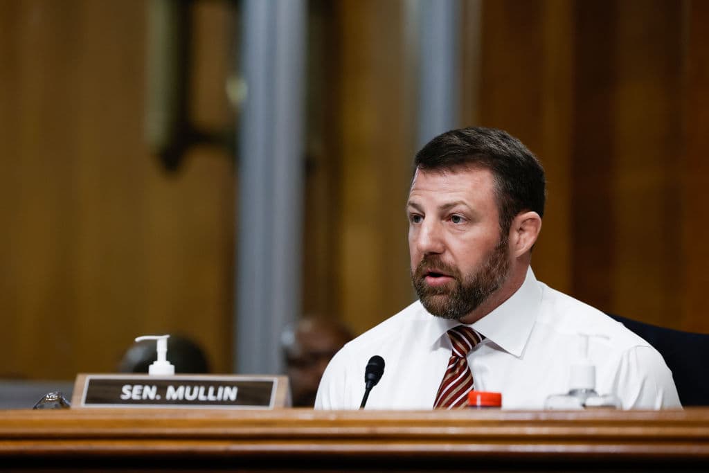Anna Moneymaker/Getty Images Senator Mullin during a hearing on Capitol Hill, March 9, 2023.