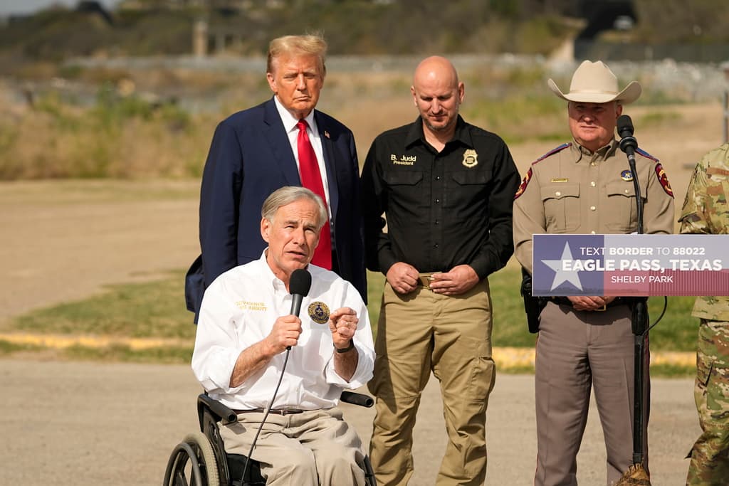 AP/Eric Gay President Trump listens as Governor Greg Abbott speaks during a visit to the Mexican border on February 29, 2024 at Eagle Pass, Texas.