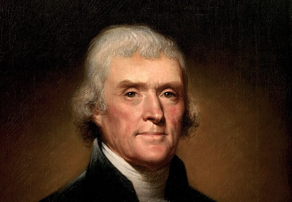 Via Wikimedia Commons Portrait of Thomas Jefferson by Rembrandt Peale, detail.