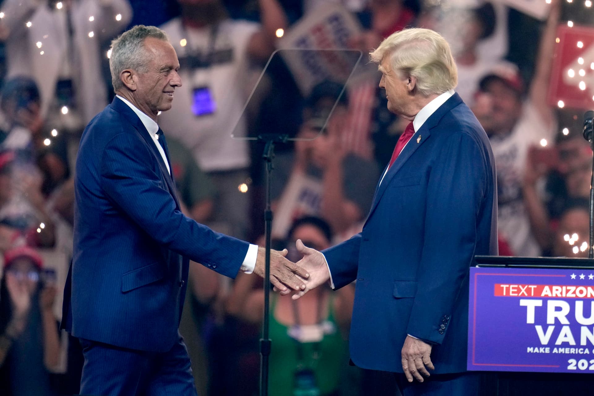 AP/Ross D. Franklin Robert F. Kennedy Jr., left, shakes hands with President Trump at a campaign rally August 23, 2024, at Glendale, Arizona.
