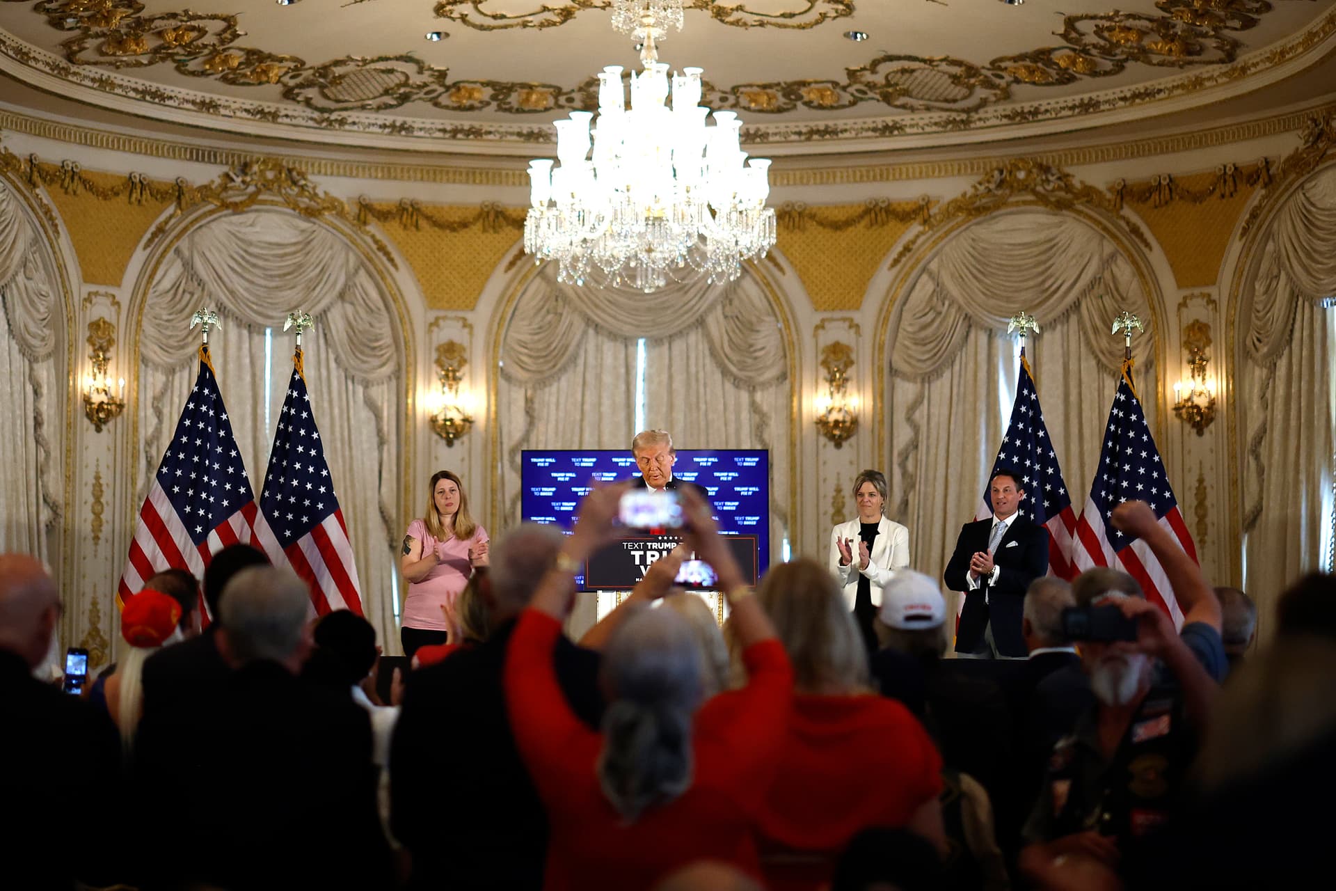 Chip Somodevilla/Getty Images President Trump prepares to speak in the ballroom of the Mar-a-Lago Club October 29, 2024, at Palm Beach, Florida.