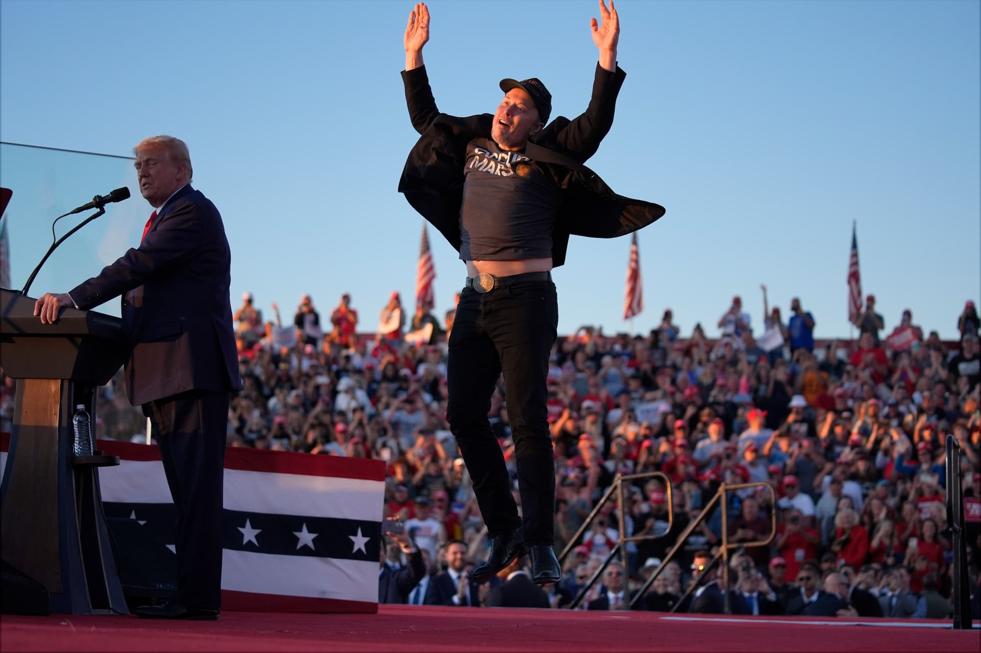 AP/Evan Vucci Elon Musk jumps on the stage as President Trump speaks at a campaign rally at Butler, Pennsylvania on July 13 2024.