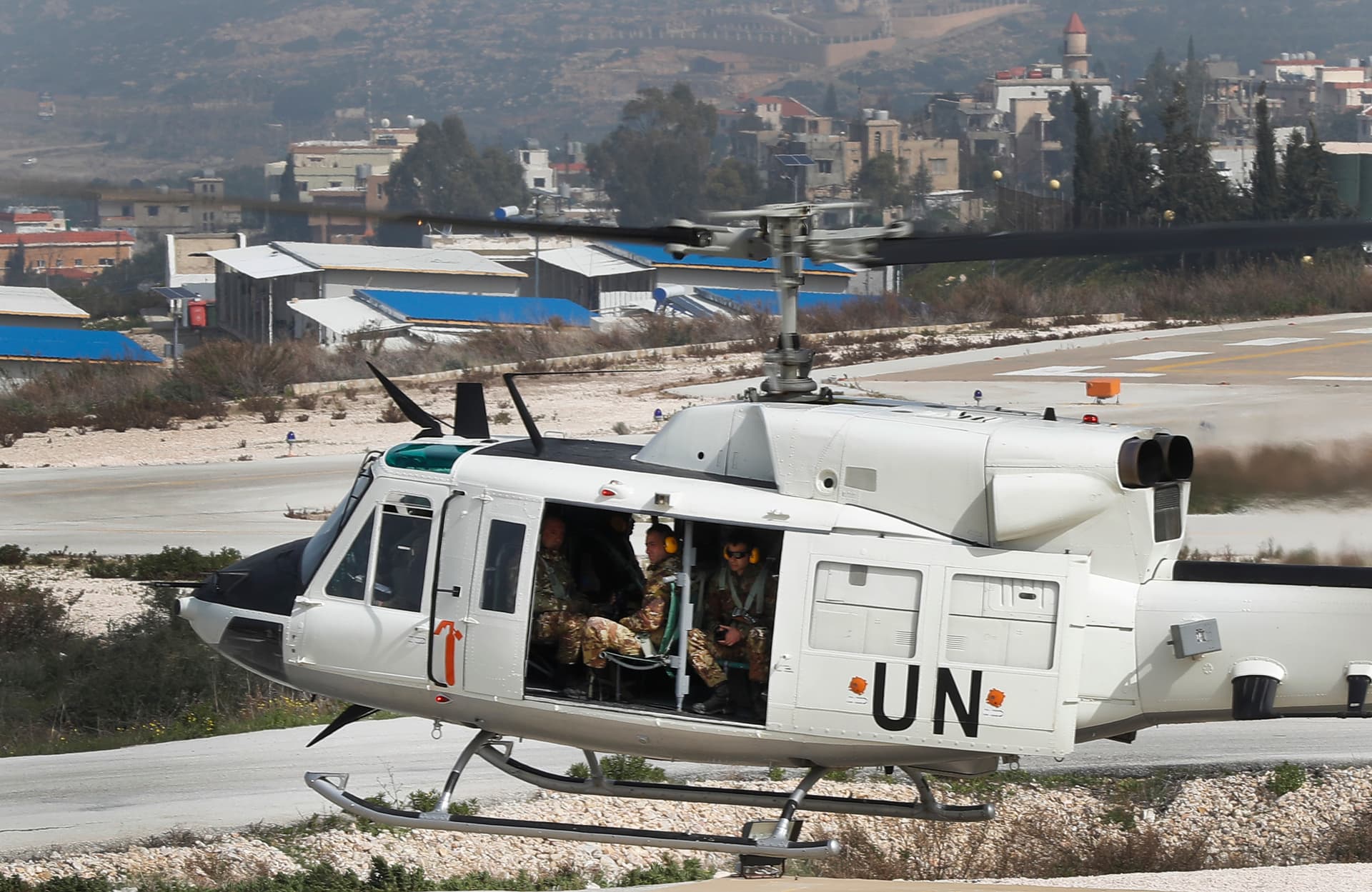 AP/Hussein Malla FILE - A United Nations helicopter carrying Italian peacekeepers takes off from the UNIFIL headquarters for a patrol over the Blue Line, a U.N.-drawn boundary between Lebanon and Israel, in the costal town of Naqoura, southern Lebanon, Wednesday, Feb. 7, 2018.