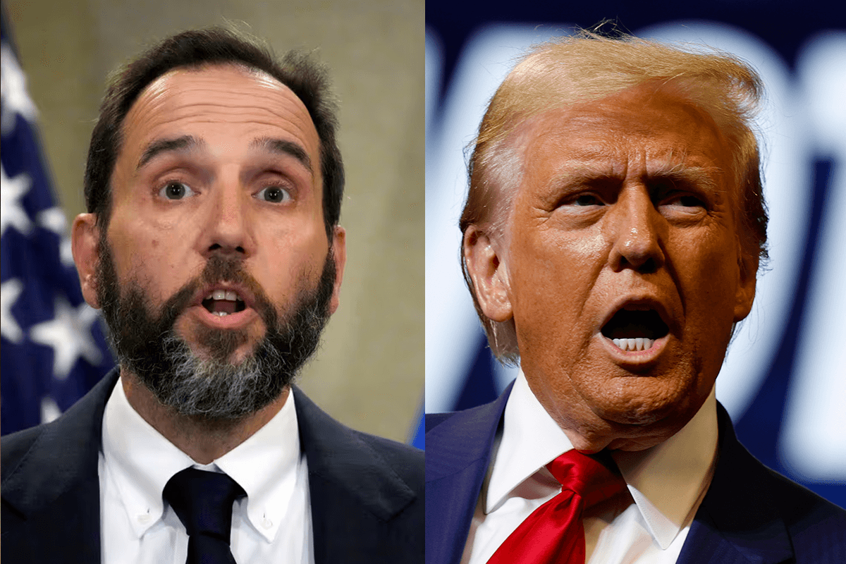 Composite from AP/Alex Brandon and Anna Moneymaker/Getty Images Special Counsel Jack Smith on June 9, 2023, at Washington and President Trump on October 26, 2024, at State College.