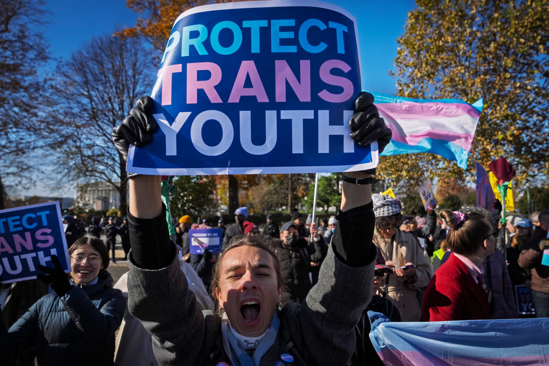 AP/Jacquelyn Martin A young person cheers as supporters of transgender rights rally by the Supreme Court, December 4, 2024.