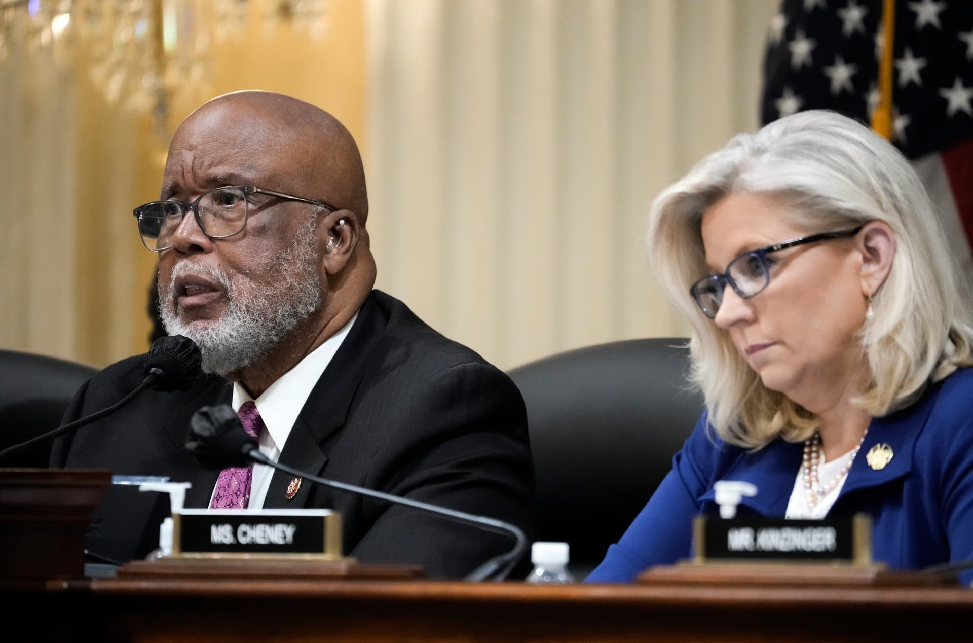 Drew Angerer/Getty Images Representative Bennie Thompson, left, chairman of the House January 6 committee, and Representative Liz Cheney, the panel's vice chairwoman, on October 13, 2022 at Washington, D.C.