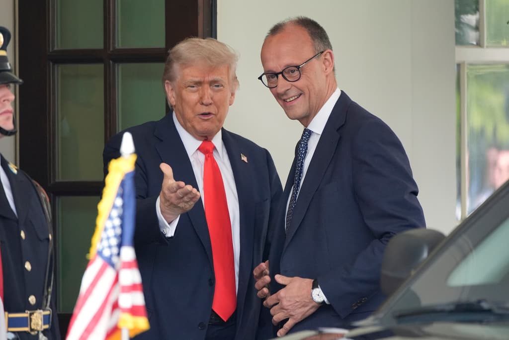 AP/Alex Brandon President Trump greets Germany's chancellor, Friedrich Merz, upon his arrival at the White House, June 5, 2025.